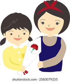 Mother’s Day. A girl is having a red carnation bouquet to give her mother. 