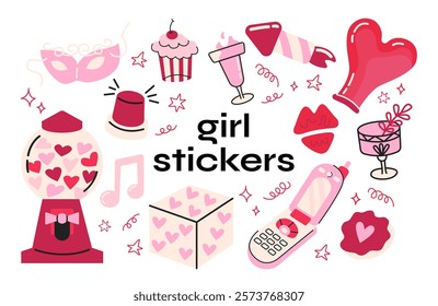 Valentine’s Day Girly Sticker Set with Romantic Pink and Red Icons – Cute Vector Illustrations of Hearts, Cupcakes, Drinks and Retro Phone for Creative Designs. Hand draw stickers girl power set