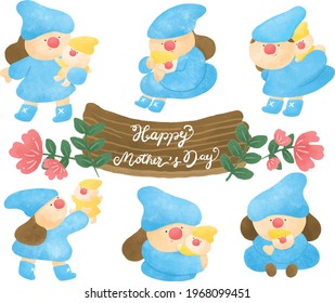 Mother’s Day with Gnome Mama and Baby in cartoon style. Watercolor, cute and colorful designs. Any characters, 2 wooden tag said Happy Mother's Day, decorated with pink flowers and green leaves.