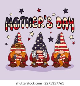 Mother’s Day Gnome MOM American Flag , MOM American Flag Vector Illustration , Cute Gnome Mother's day disign for T-Shirt