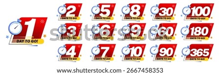 day to go banner design template. vector icon for promotion, ads, holiday, discount, sale. 1,2,3,4,5,6,7,8,9,10,30,60,90 day to go. isolated on white.