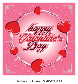Valentine’s Day greeting card beautiful design featuring red hearts and elegant text on a pink gradient background. Flat vector modern illustration 
