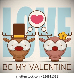 ValentineÃ?Â´s day greeting card with cartoon deer characters.