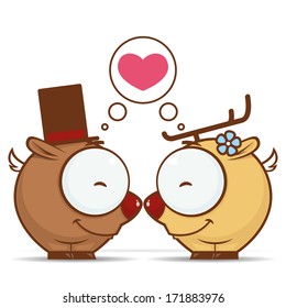 ValentineÃ?Â´s day greeting card with cartoon deer characters.