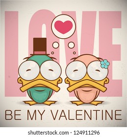 ValentineÃ?Â´s day greeting card with cartoon duck characters.