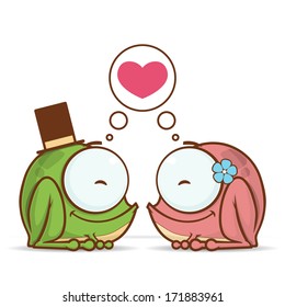 ValentineÃ?Â´s day greeting card with cartoon frog characters.