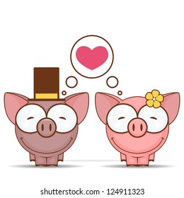 ValentineÃ?Â´s day greeting card with cartoon piggy characters.