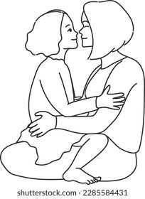 Mother’s Day greeting card with a child sitting on mother’s knees. Daughter and mom together. Vector art