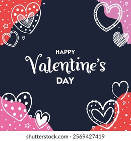 Valentines’ Day greeting card with cute hand drawn hearts. Background in cartoon style. Vector illustration