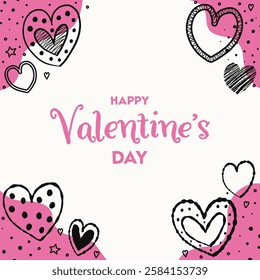 Valentines’ Day greeting card with cute hand drawn hearts. Background in cartoon style. Vector illustration