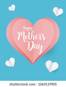 Mother´s Day Greeting Card Design. Beautiful Background with Paper Cut Hearts and Happy Mother´s Day HandWritten. For banners, campaings, mailing, gift card.