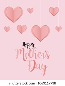 Mother´s Day Greeting Card Design. Beautiful Background with Paper Cut Hearts and Happy Mother´s Day HandWritten. For banners, campaings, mailing, gift card.