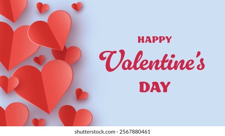 Valentine’s Day greeting card with floating paper cut hearts. Abstract background design. Vector illustration