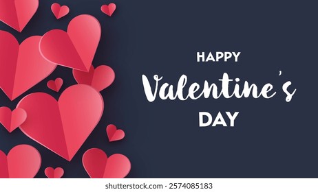 Valentine’s Day greeting card with floating paper cut hearts. Abstract background design. Vector illustration