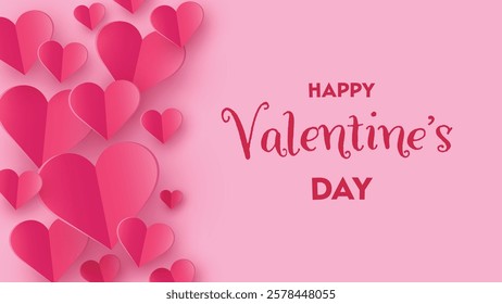 Valentine’s Day greeting card with floating paper cut hearts. Abstract background design. Vector illustration
