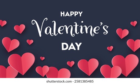 Valentine’s Day greeting card with floating paper cut hearts. Abstract background design. Vector illustration