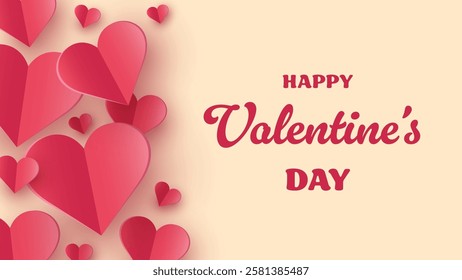 Valentine’s Day greeting card with floating paper cut hearts. Abstract background design. Vector illustration