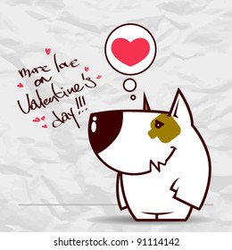 Valentine´s day greeting card with funny cartoon doggy and heart on a paper-background.