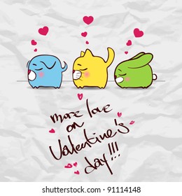 Valentine´s day greeting card with funny cartoon animals and hearts on a paper-background.