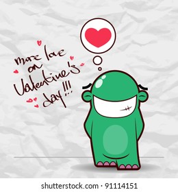 Valentine´s day greeting card with funny cartoon alien and heart on a paper-background.