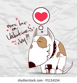 Valentine´s Day Greeting Card With Funny Cartoon Doggy And Heart On A Paper-background.