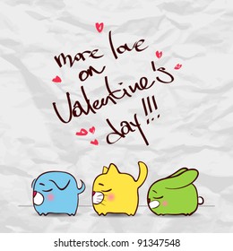 Valentine´s day greeting card with funny cartoon animals and hearts on a paper-background.