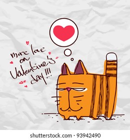 Valentine´s day greeting card with funny cartoon cat and heart