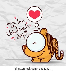 Valentine´s day greeting card with funny cartoon tiger and heart