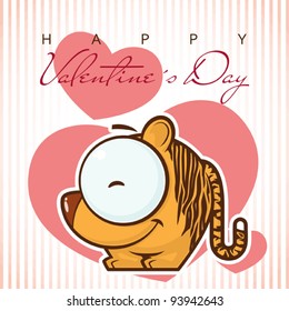 Valentine´s day greeting card with funny cartoon tiger and heart