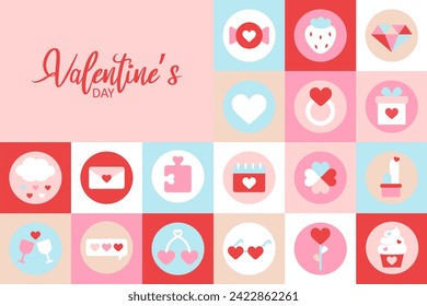 Valentine’s Day greeting card with geometric style. Cute love sale banner or greeting card. Mosaic horizontal banner. Happy Valentines day concept. Posters for party banner, flyer, celebration, sale