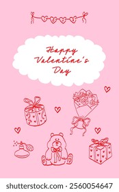 Valentine’s Day Greeting Card. Hand Drawn Illustration of Romantic Gifts, Teddy Bear, Perfume, Bouquet. Romantic Postcard. 