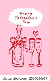 Valentine’s Day Greeting Card. Hand Drawn Illustration of Champagne with two Glasses. Romantic Postcard. 