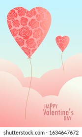 Valentine’s day greeting card heart balloons outline shaped with rose flower blossom, pink cloud and text on blue sky background cover to template, banner, card, media.