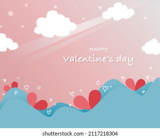 Valentine’s Day greeting card with hearts in the wave and cloud on the sky. Paper cut style with fanciful pastel color
