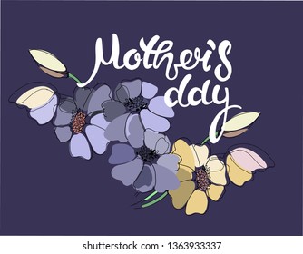 Mother’s Day greeting card idea. Beige and blue flowers, hand lettering. Isolated on dark blue background 