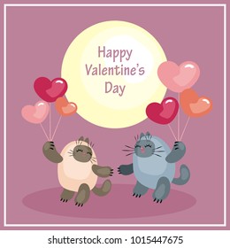 Valentine’s Day greeting card with the image of cute cats and hearts. Colorful vector illustration.
