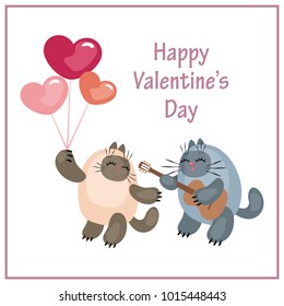 Valentine’s Day greeting card with the image of cute cats and hearts. Colorful vector illustration.