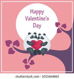 Valentine’s Day greeting card with the image of cute pandas and hearts. Colorful vector background.