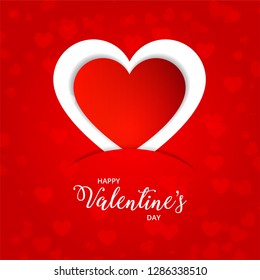 Valentine’s Day, greeting card, paper cut heart,  red bokeh hearts. Vector Illustration.