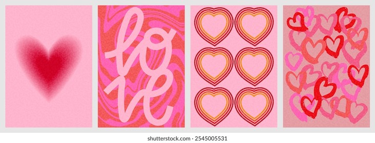 Valentine´s day greeting card or poster collection with hearts and textures in pink and red colors. Also useful as background. Grainy effect added. 