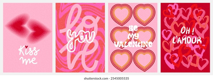 Valentine´s day greeting card or poster collection with hearts, quotes and textures in pink and red colors. Grainy effect added