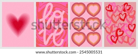 Valentine´s day greeting card or poster collection with hearts and textures in pink and red colors. Also useful as background. Grainy effect added. 