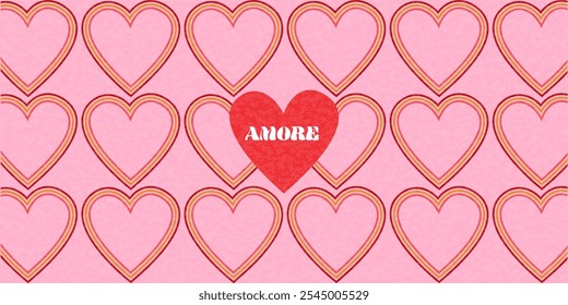 Valentine´s day greeting card, poster, flyer, or background in retro style. A red heart on a background with a repetition of hearts in pink color. The word love in italian on heart Grainy effect added