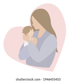 Mother’s Day greeting card, poster. Mother with newborn baby. Mother and her children have fun together. Portrait of mom taking care of her baby. Vector illustration in gentle pastel colors