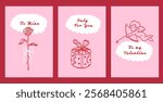 Valentine’s Day Greeting Card Set. Hand Drawn Illustration of Cupid, Rose, Hearts, and Gifts. Romantic Postcards. 