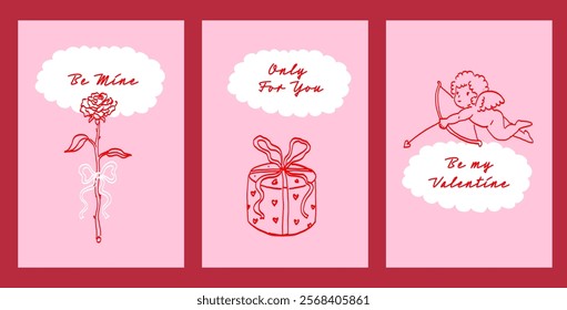 Valentine’s Day Greeting Card Set. Hand Drawn Illustration of Cupid, Rose, Hearts, and Gifts. Romantic Postcards. 