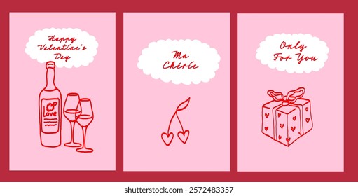 Valentine’s Day Greeting Card Set. Hand Drawn Illustration of Cupid, Vine, Gift  and Cherry. Romantic Postcards. 