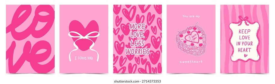 Valentine’s Day greeting card set with hand drawn pink hearts, handwritten love phrases, bow, cake, whimsical frame. Modern romantic template for poster, invitation, branding, banner, cover, ads, label, social media