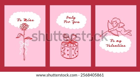 Valentine’s Day Greeting Card Set. Hand Drawn Illustration of Cupid, Rose, Hearts, and Gifts. Romantic Postcards. 