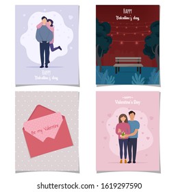 Valentine’s Day greeting card set. Loving couple, romantic night in the park and envelope with words of love. Collection of romantic cards. Flat vector illustration